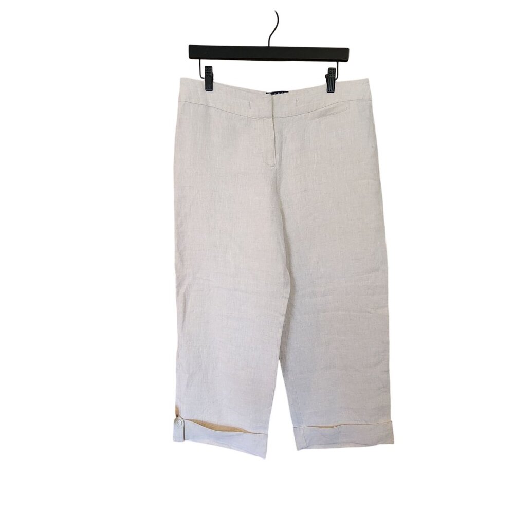 Alexandra Bartlett Womens Beige Linen Cropped Pants Size 10 With Cuffed Hem & Ba